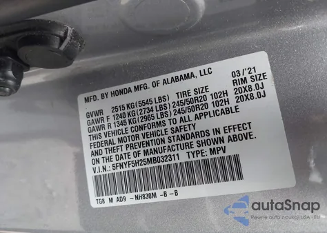 2021 Honda Pilot 2Wd Special Edition z USA, uszkodzony, nr VIN 5FNYF5H25MB032311
